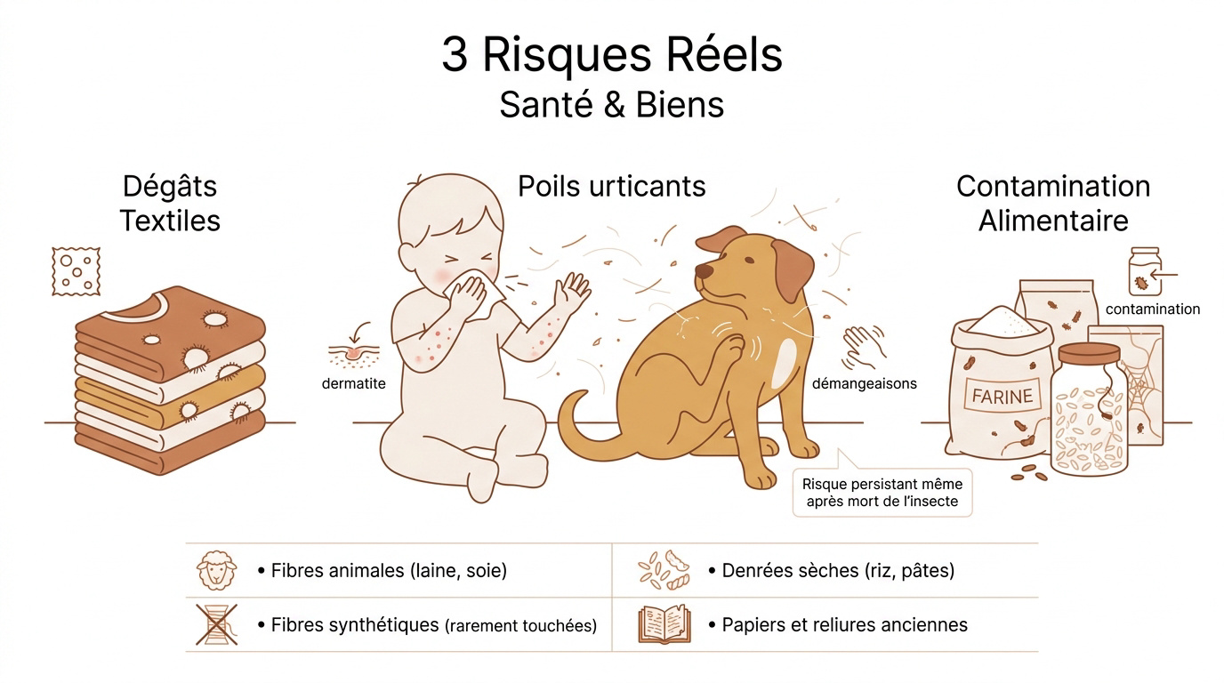 Larves brunes et dégâts sur les textiles de maison