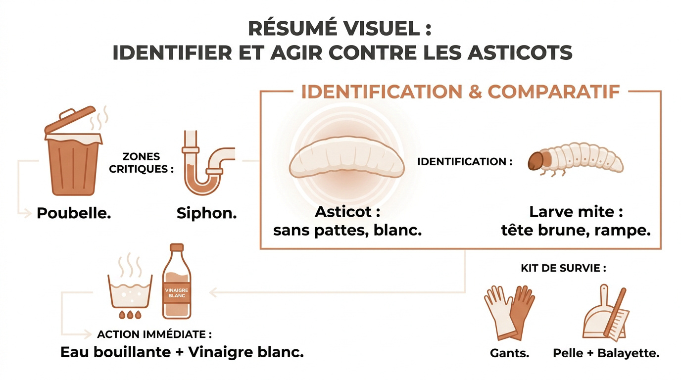 Identification d'un asticot blanc dans une cuisine