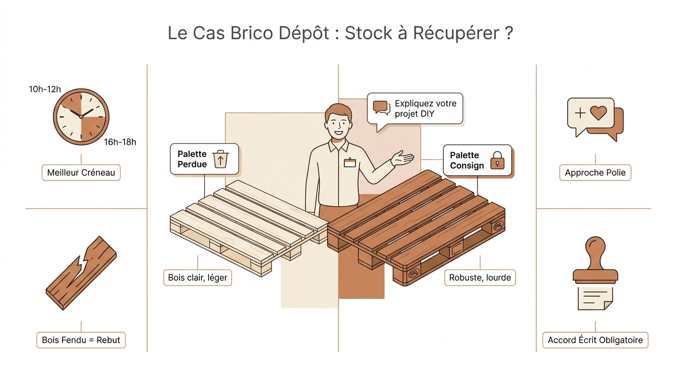 Récupération de palettes en bois gratuites sur le parking d'un magasin Brico Dépôt