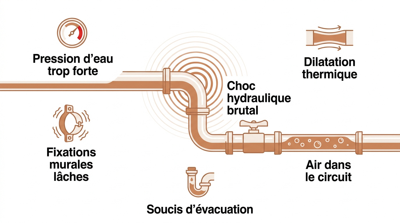 Schéma des bruits de canalisations : coup de bélier et pression excessive