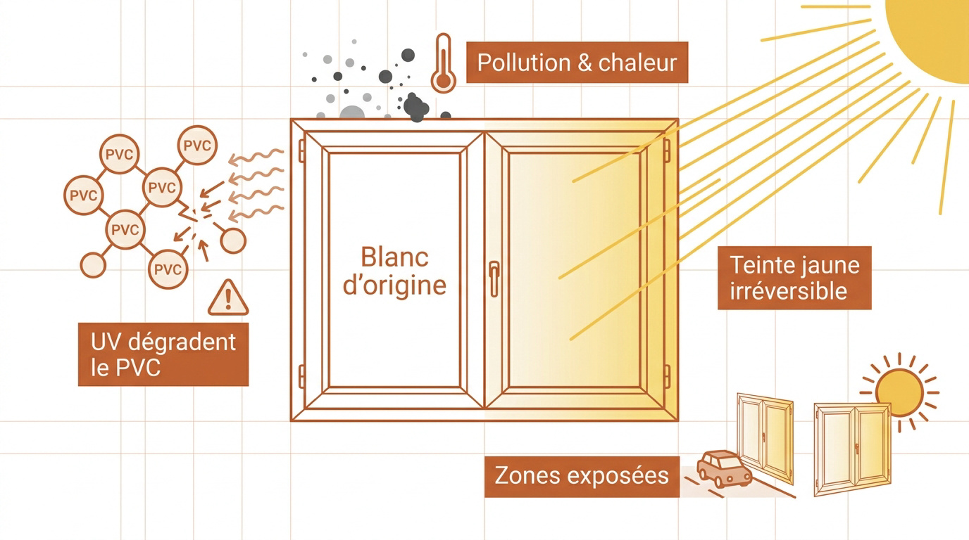 Fenêtre en PVC blanc présentant des traces de jaunissement dues aux UV et à la pollution
