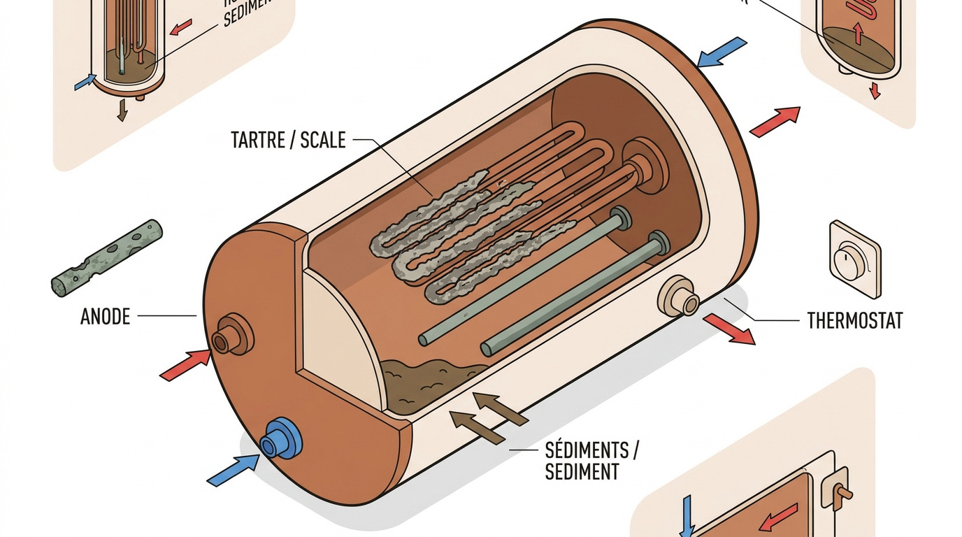 Schéma interne d'un chauffe-eau montrant l'accumulation de tartre sur la résistance et le fond de la cuve