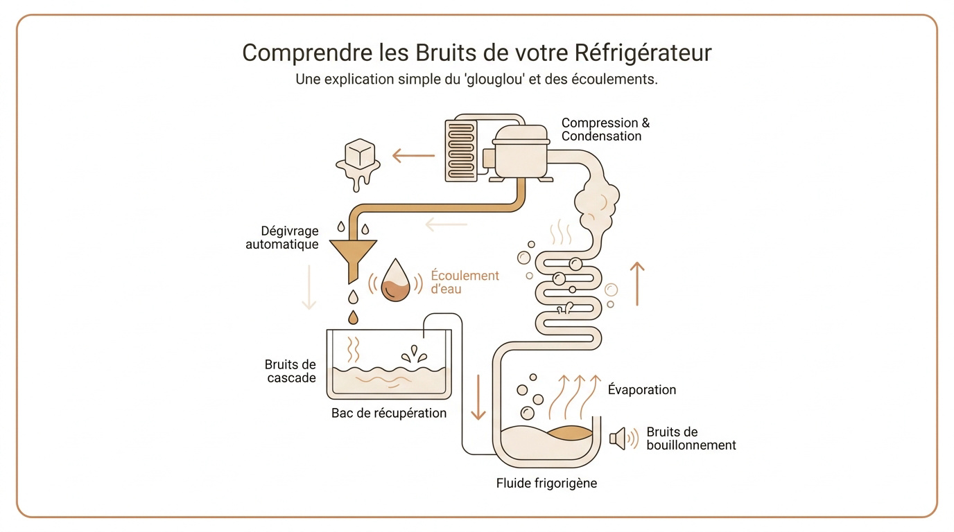 Schéma des composants d'un réfrigérateur expliquant l'origine des bruits d'eau