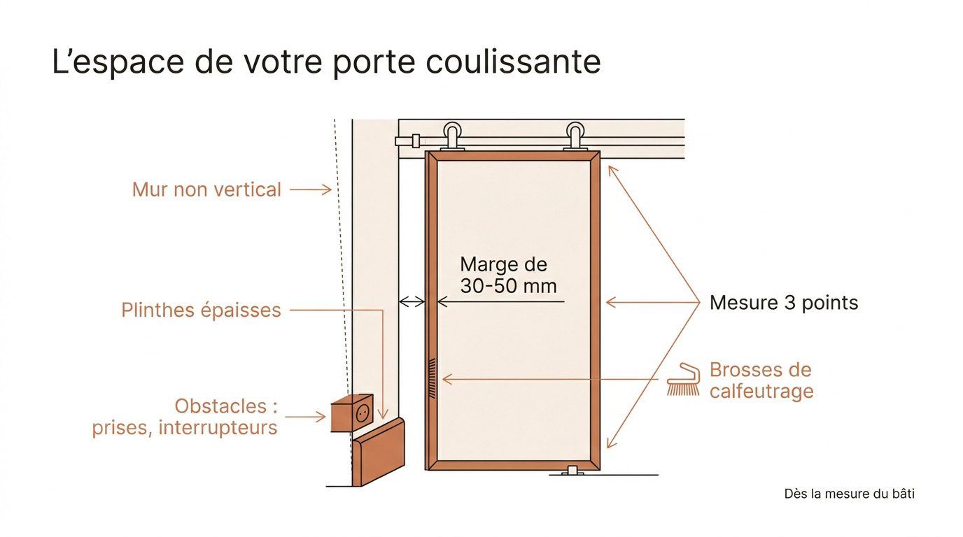 Schéma expliquant l'espace vide entre une porte coulissante et la cloison