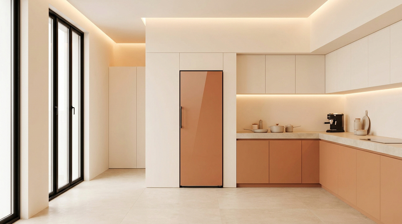 Un réfrigérateur couleur terracotta intégré dans une cuisine minimaliste aux tons beiges et orangés.