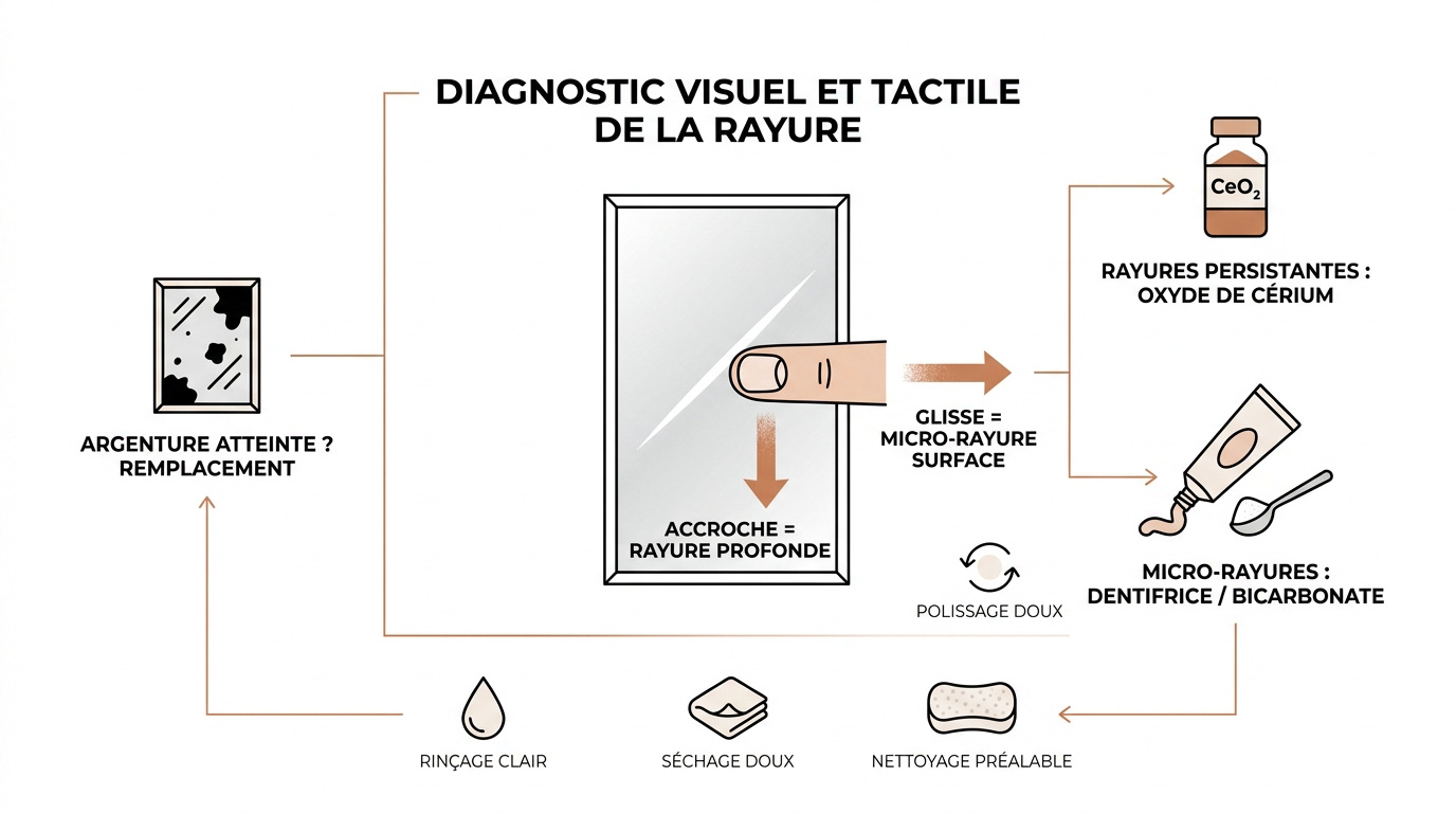 Diagnostic d'une rayure sur un miroir et test de profondeur
