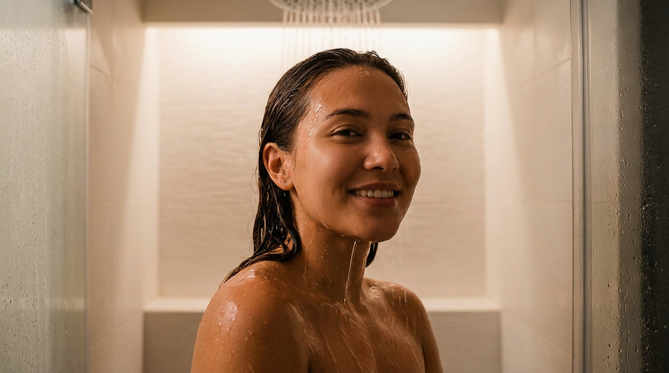 Une jeune femme souriante prend une douche relaxante, profitant d'une eau douce pour sa peau et ses cheveux.