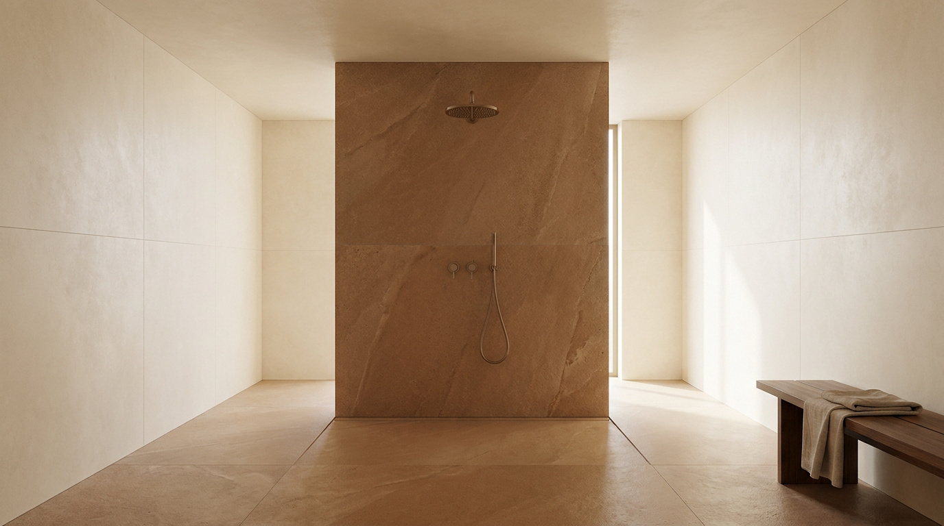 Douche sans paroi avec mur en pierre naturelle, pommeau de douche en métal et banc en bois dans une salle de bain zen.