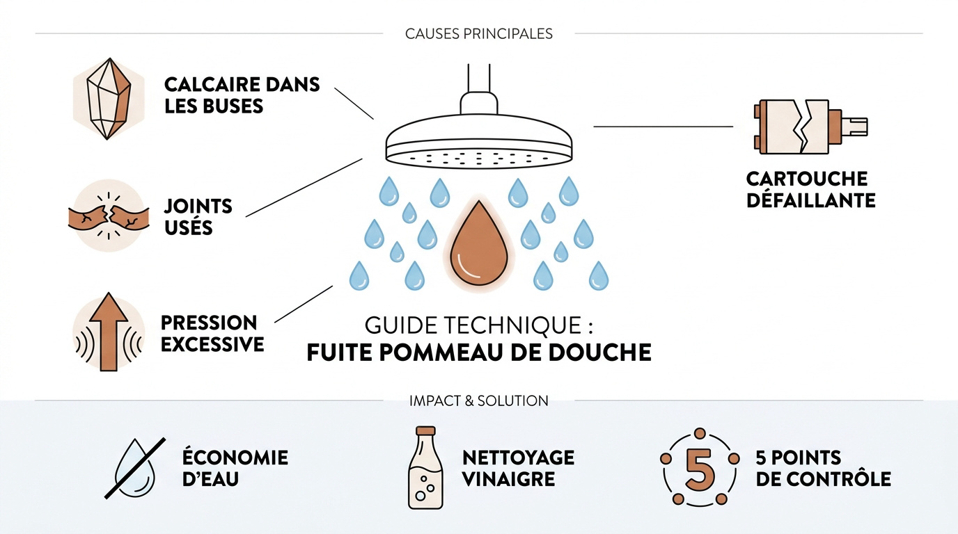Pommeau de douche qui goutte avec dépôts de calcaire sur les buses
