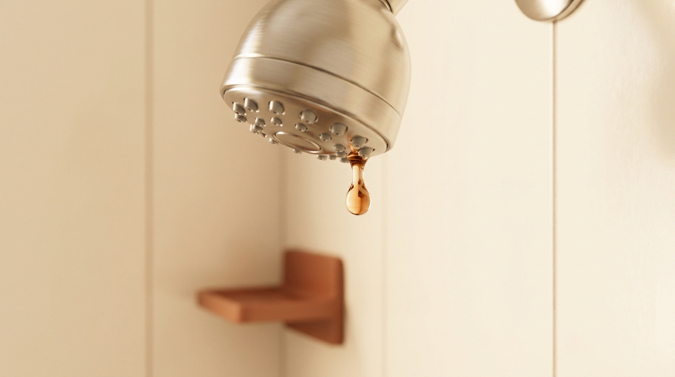 Un pommeau de douche en métal brossé d'où s'échappe une goutte d'eau, sur fond de carrelage mural clair.