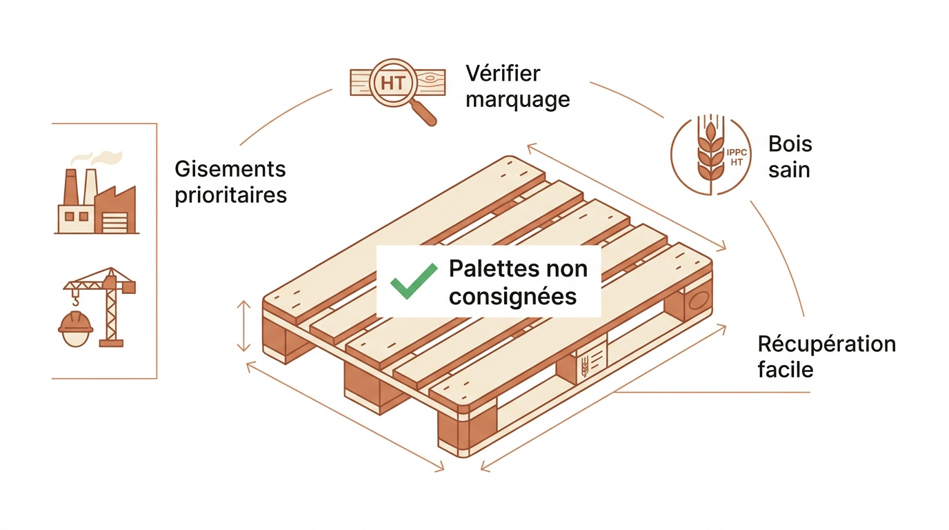 Stock de palettes en bois gratuites prêtes pour la récupération dans une zone industrielle