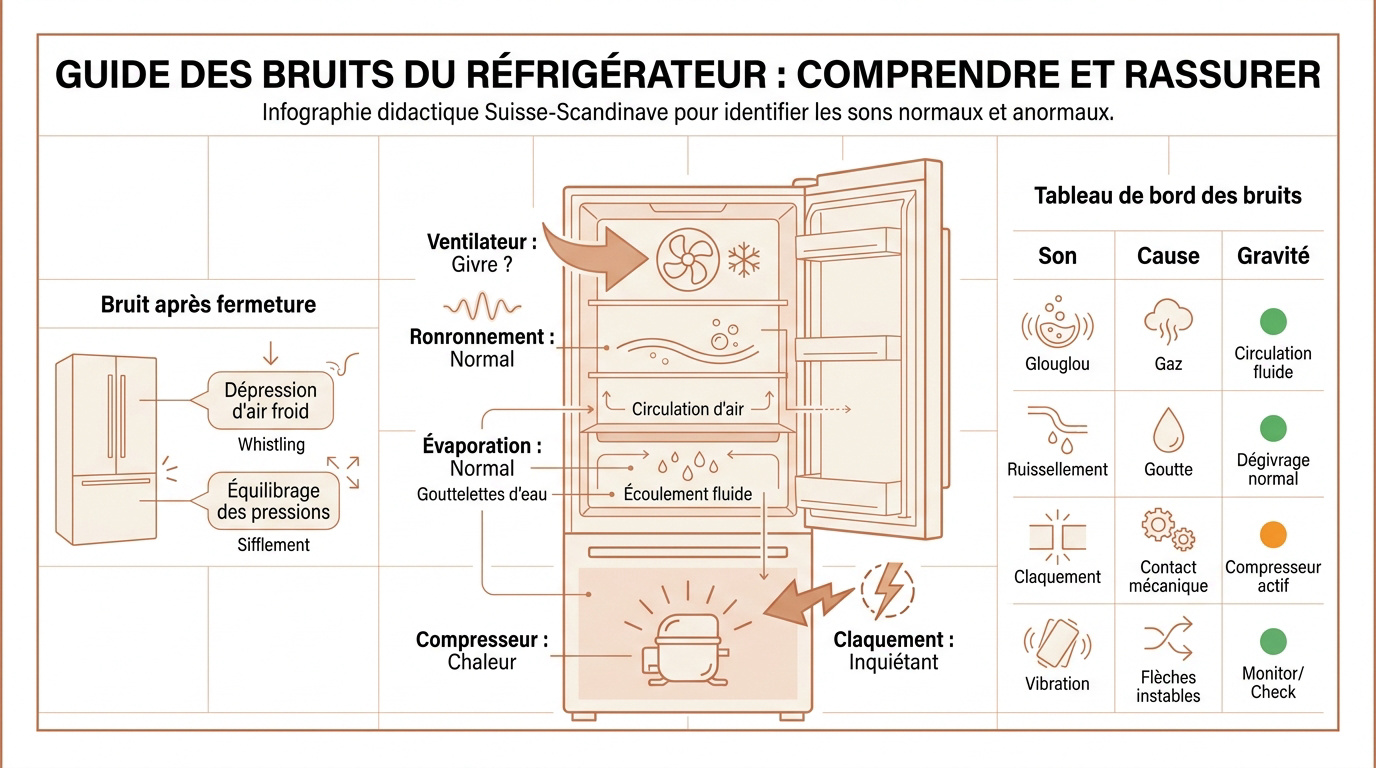 Guide visuel pour identifier les bruits normaux et suspects d'un réfrigérateur