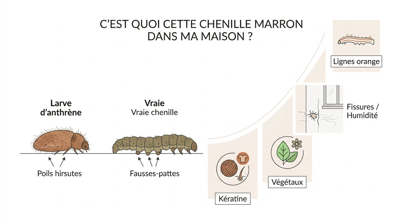 Identification d'une petite chenille marron sur un rebord de fenêtre