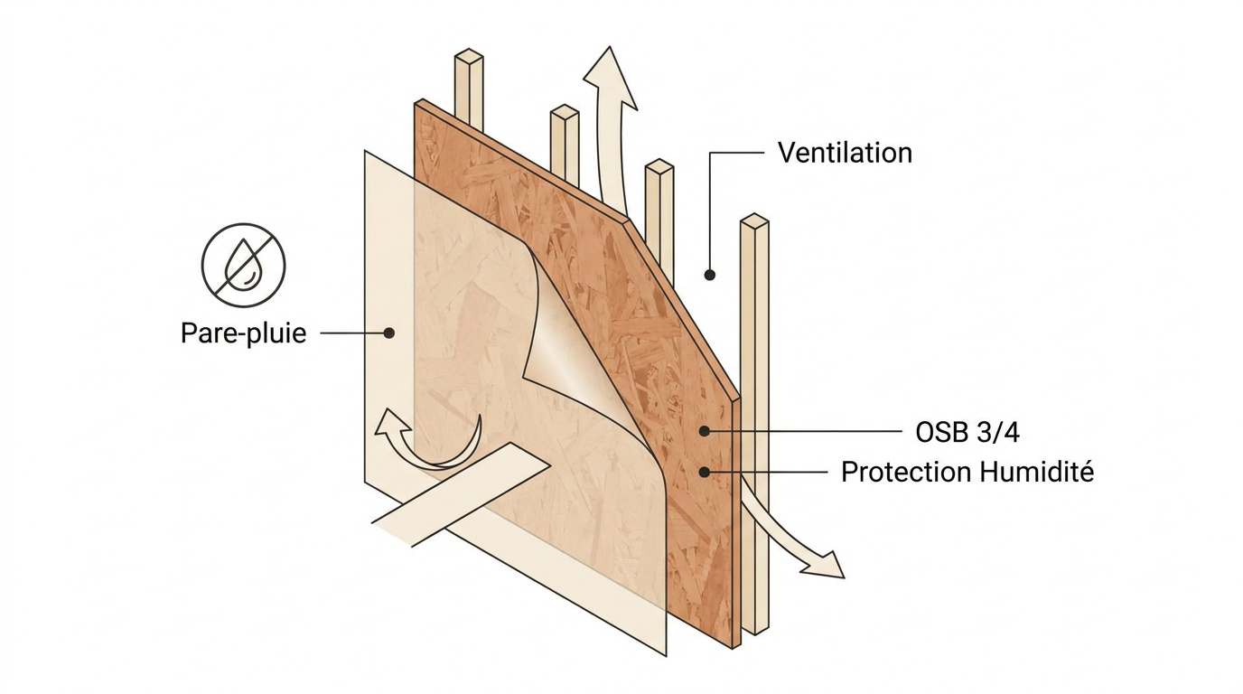 Structure d'un mur extérieur en panneaux OSB avec protection contre l'humidité