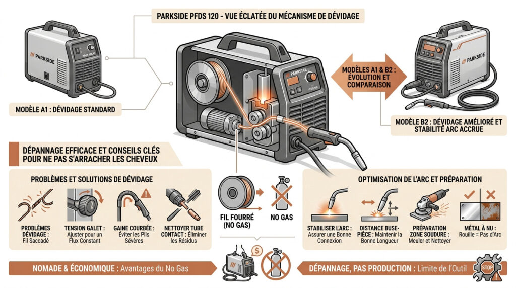 Infographie technique du poste à souder Parkside PFDS 120 à fil fourré