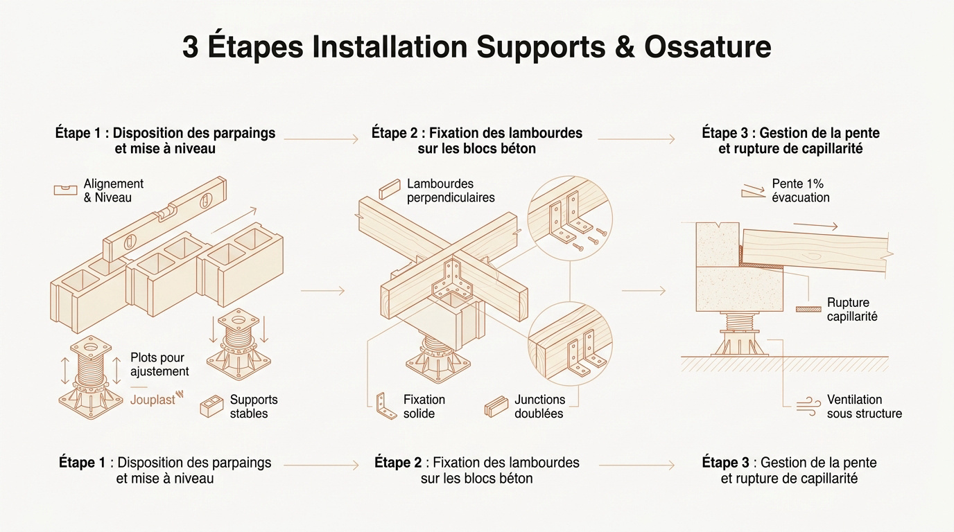 Infographie détaillant les étapes d'installation des supports en parpaings et de l'ossature en bois pour terrasse