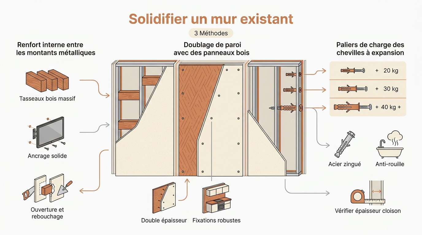 Infographie présentant les techniques pour renforcer un mur en placo déjà posé