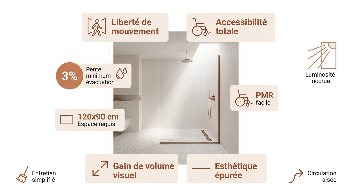 Avantages de la douche italienne sans paroi : accessibilité et design épuré.