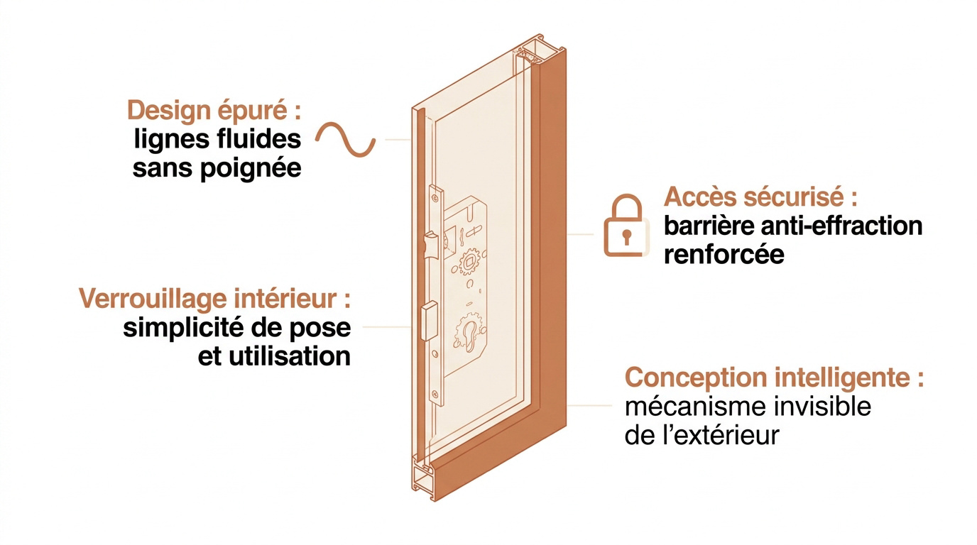 Infographie montrant la sécurité et le design d'une porte-fenêtre sans poignée extérieure