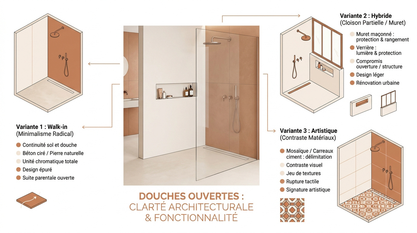 Trois styles de douches italiennes sans paroi pour une salle de bain moderne