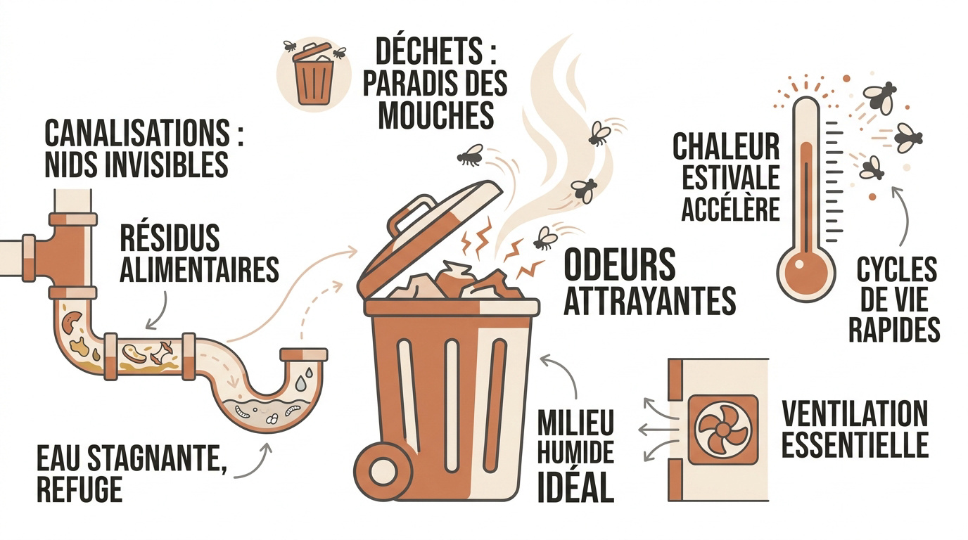 Cycle de vie des mouches et prolifération des asticots dans les déchets humides