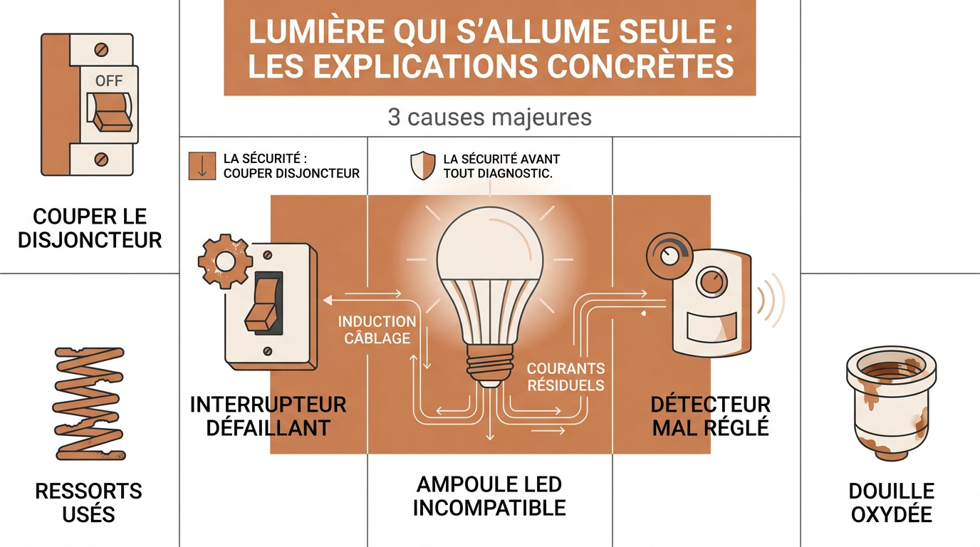 Schéma d'une ampoule LED et d'un interrupteur défectueux provoquant un allumage automatique