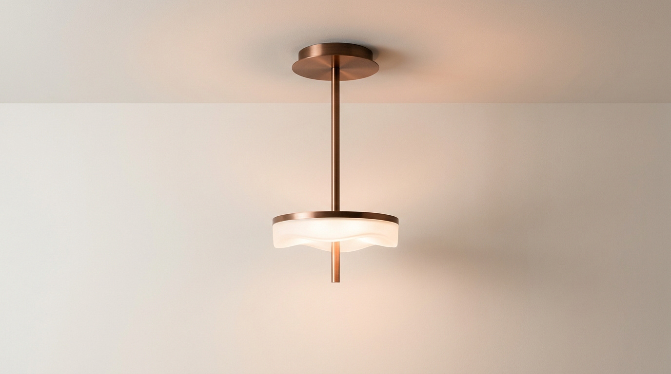 Une lampe suspendue moderne avec une structure en métal cuivré et un diffuseur en verre ondulé allumée sur fond blanc.