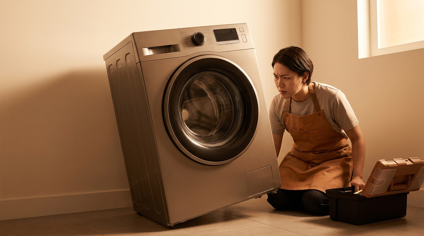 Une personne porte un tablier et inspecte une machine à laver inclinée avec une boîte à outils à côté.