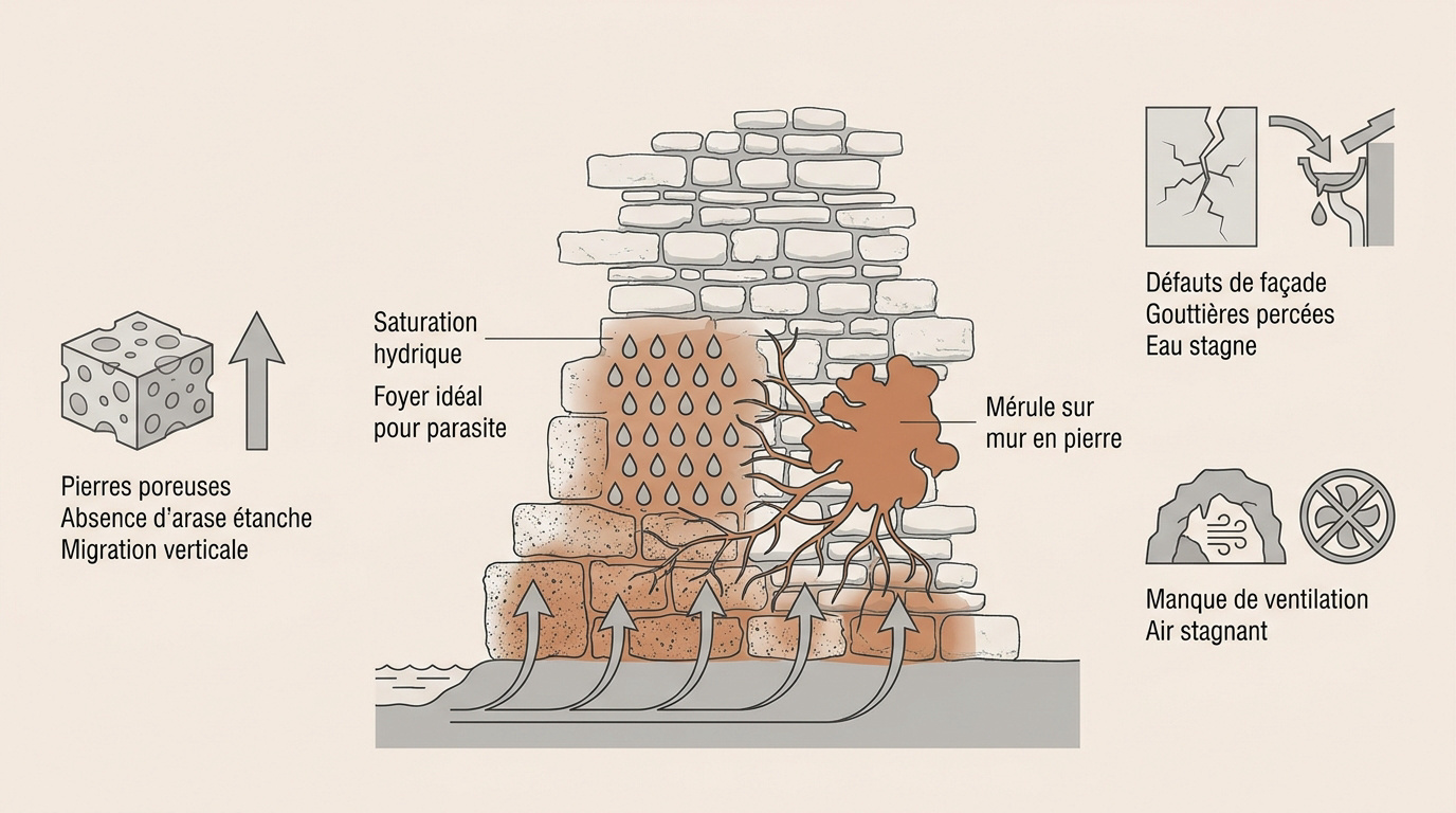 Propagation de la mérule et humidité dans un mur en pierre ancien