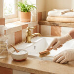 Une personne nettoie les joints d'un lavabo avec une brosse, du vinaigre et du bicarbonate pour enlever les odeurs.