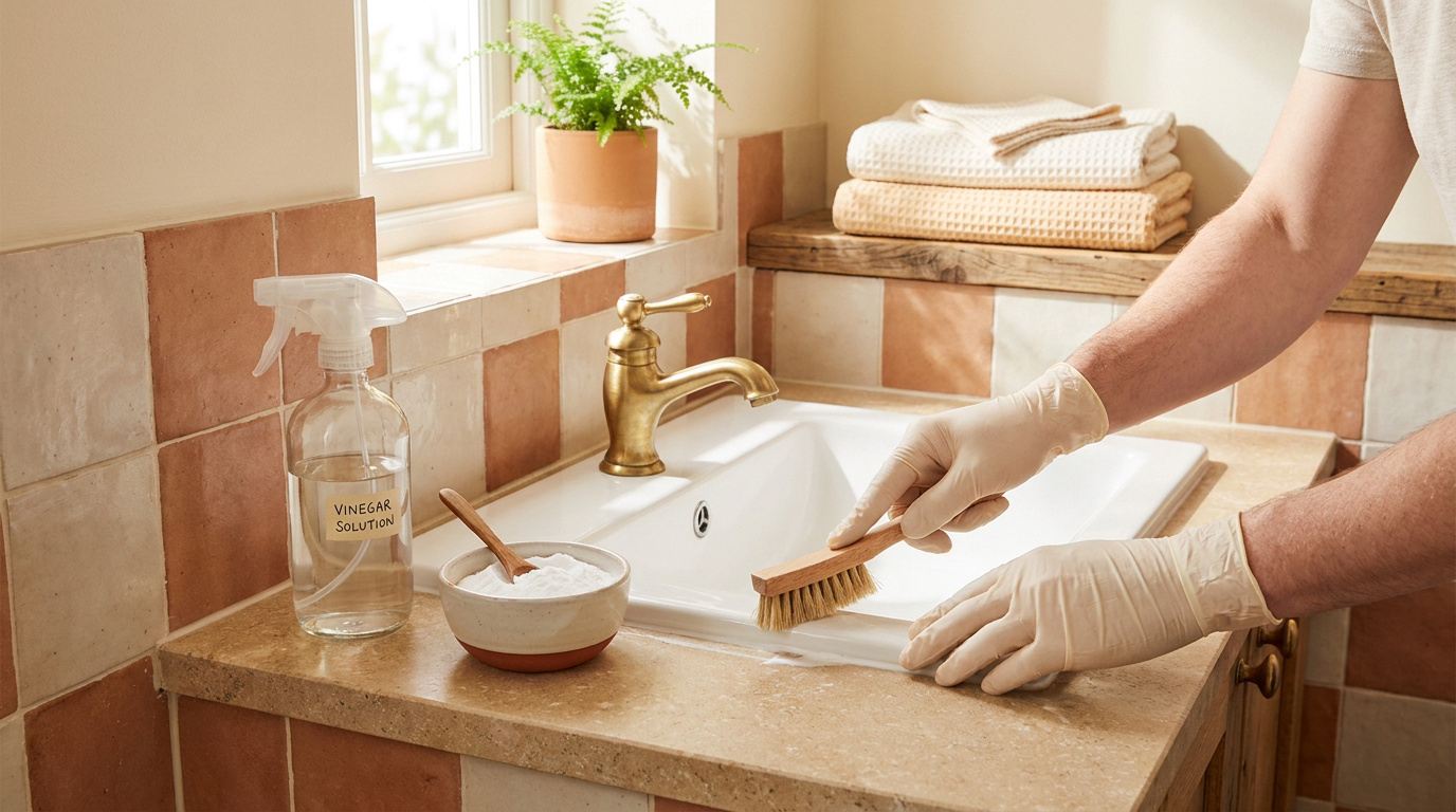 Une personne nettoie les joints d'un lavabo avec une brosse, du vinaigre et du bicarbonate pour enlever les odeurs.
