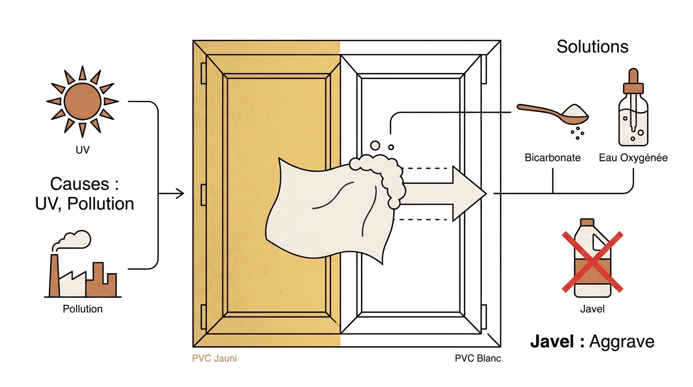 Nettoyage d'une fenêtre en PVC jauni avec des produits naturels