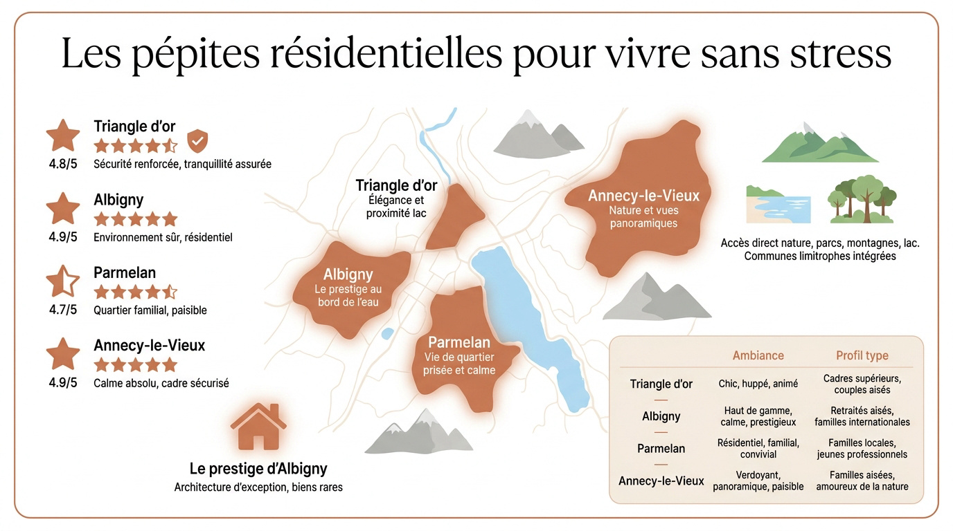 Vue paisible d'un quartier résidentiel prestigieux à Annecy proche du lac