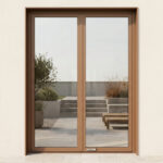 Porte-fenêtre moderne avec cadre marron installée sur un mur extérieur, vue sur une terrasse ensoleillée.