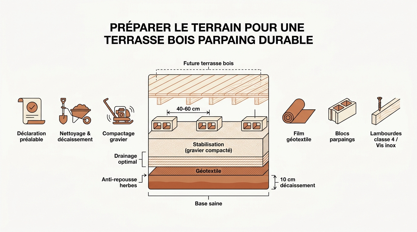 Préparation du sol avec gravier et géotextile pour terrasse en bois