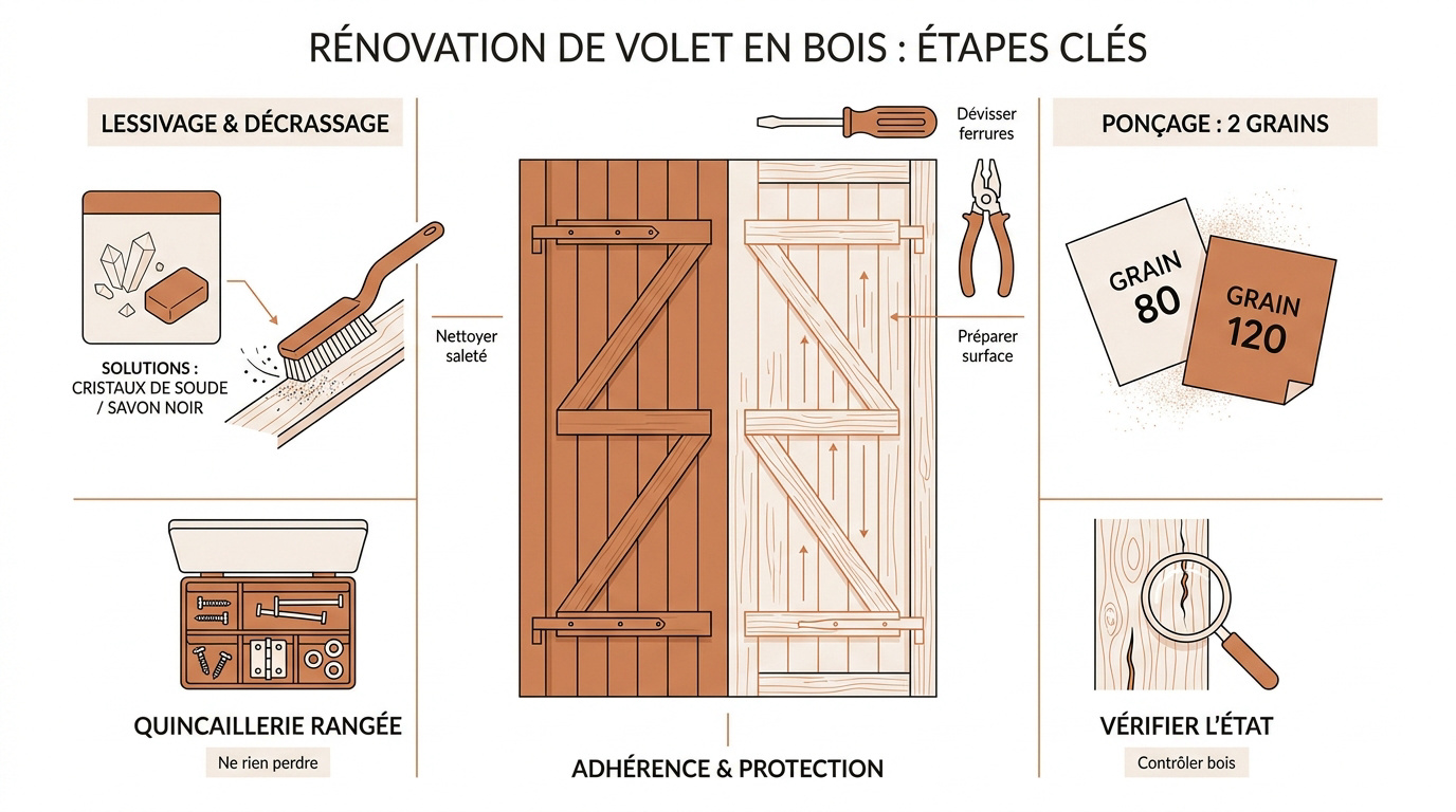 Rénovation et ponçage de volets en bois sur tréteaux