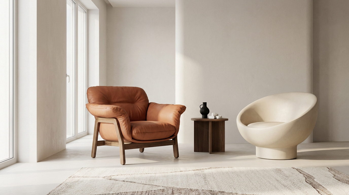 Deux fauteuils, l'un en cuir brun et l'autre en forme de coquille crème, placés dans un intérieur minimaliste épuré.