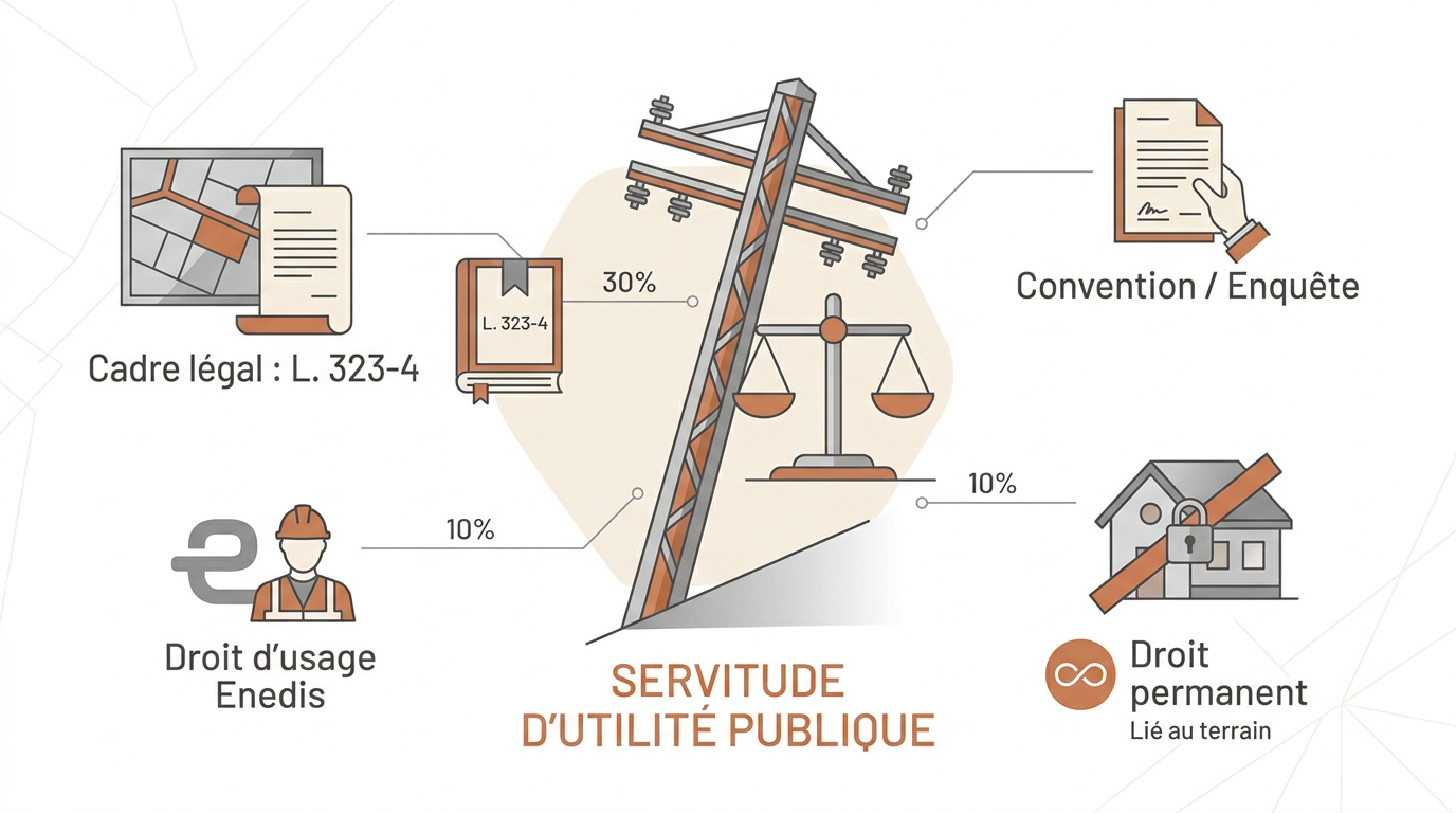 Poteau électrique et câbles de haute tension traversant un terrain privé sous servitude