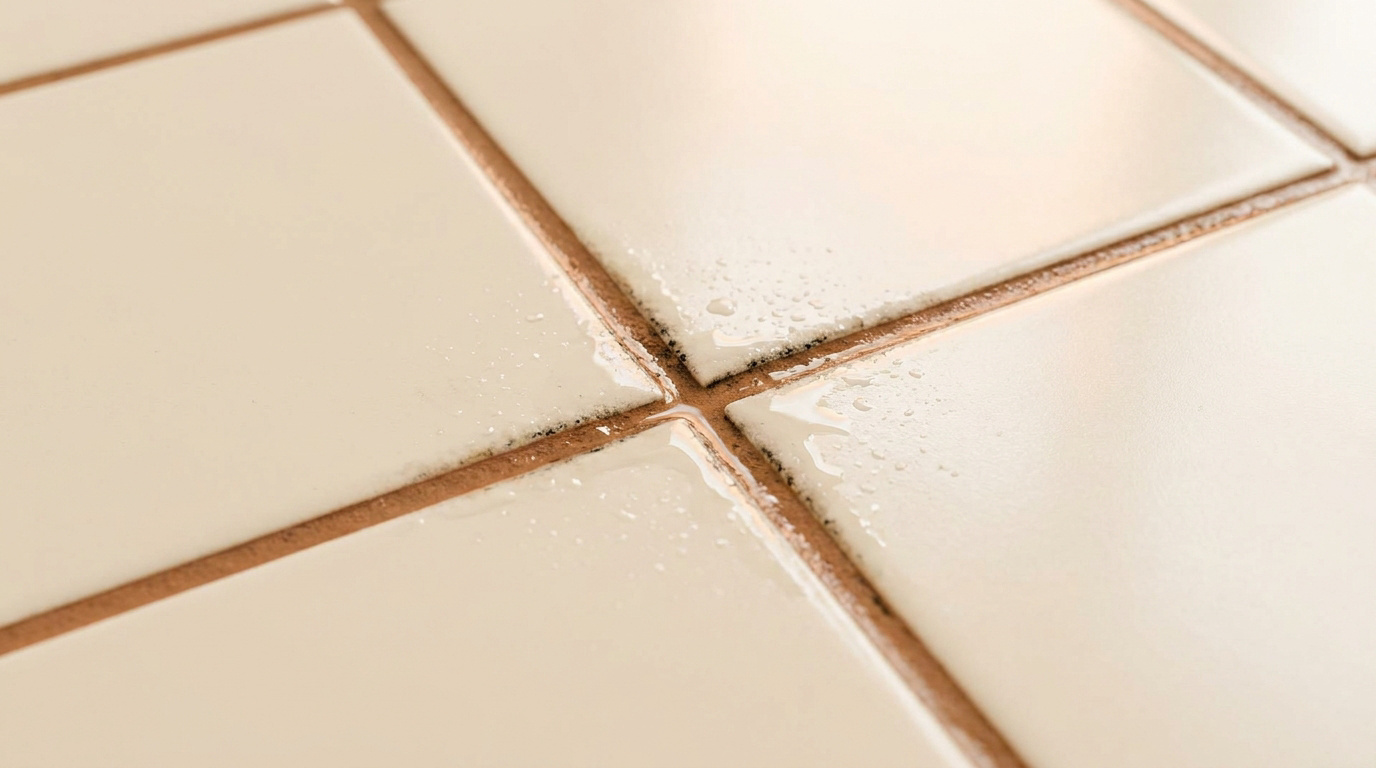 Gros plan sur des carreaux de salle de bain avec des joints sombres, humides et tachés de moisissures.