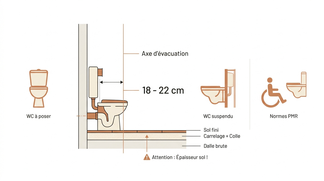Schéma technique des cotes de hauteur pour une évacuation de WC standard et suspendu